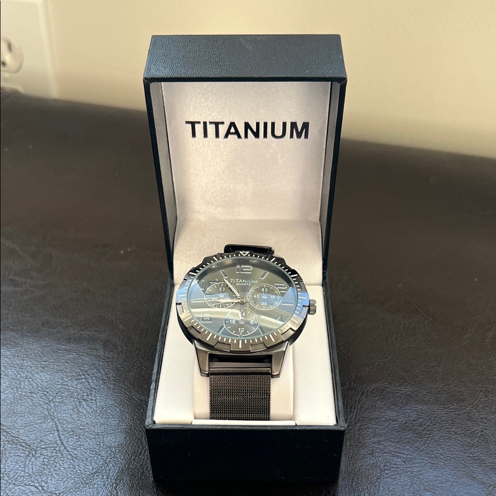 Titanium Black Men's Chronograph Watch with Metal Mesh Band